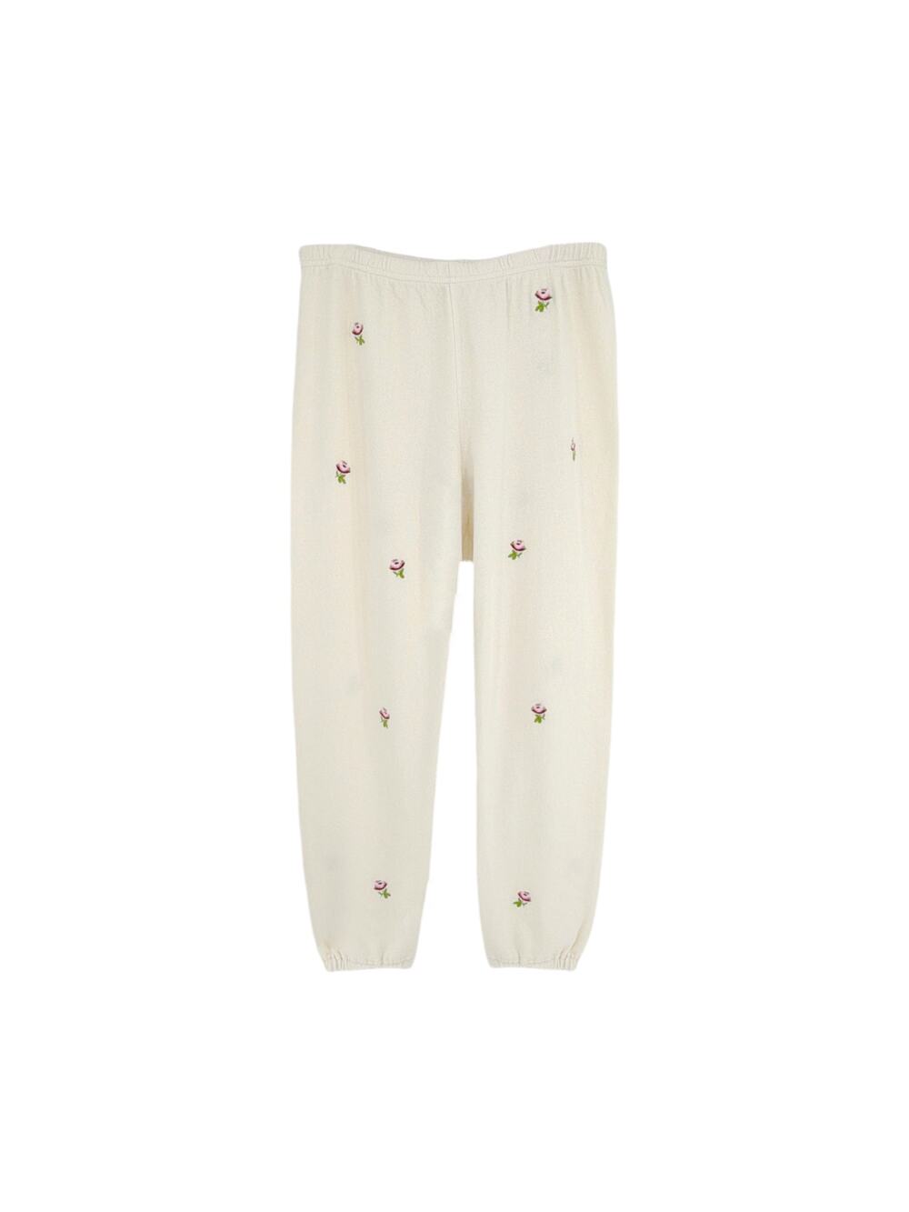 THE GREAT. The Stadium Sweatpant. Washed White with Embroidered Roses 1|S
